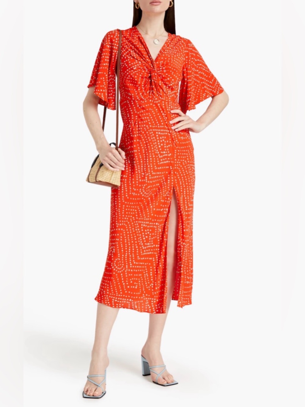 Diane Von Furstenberg Riley Crepe Orange‎ Dot Knot-Front Midi Dress